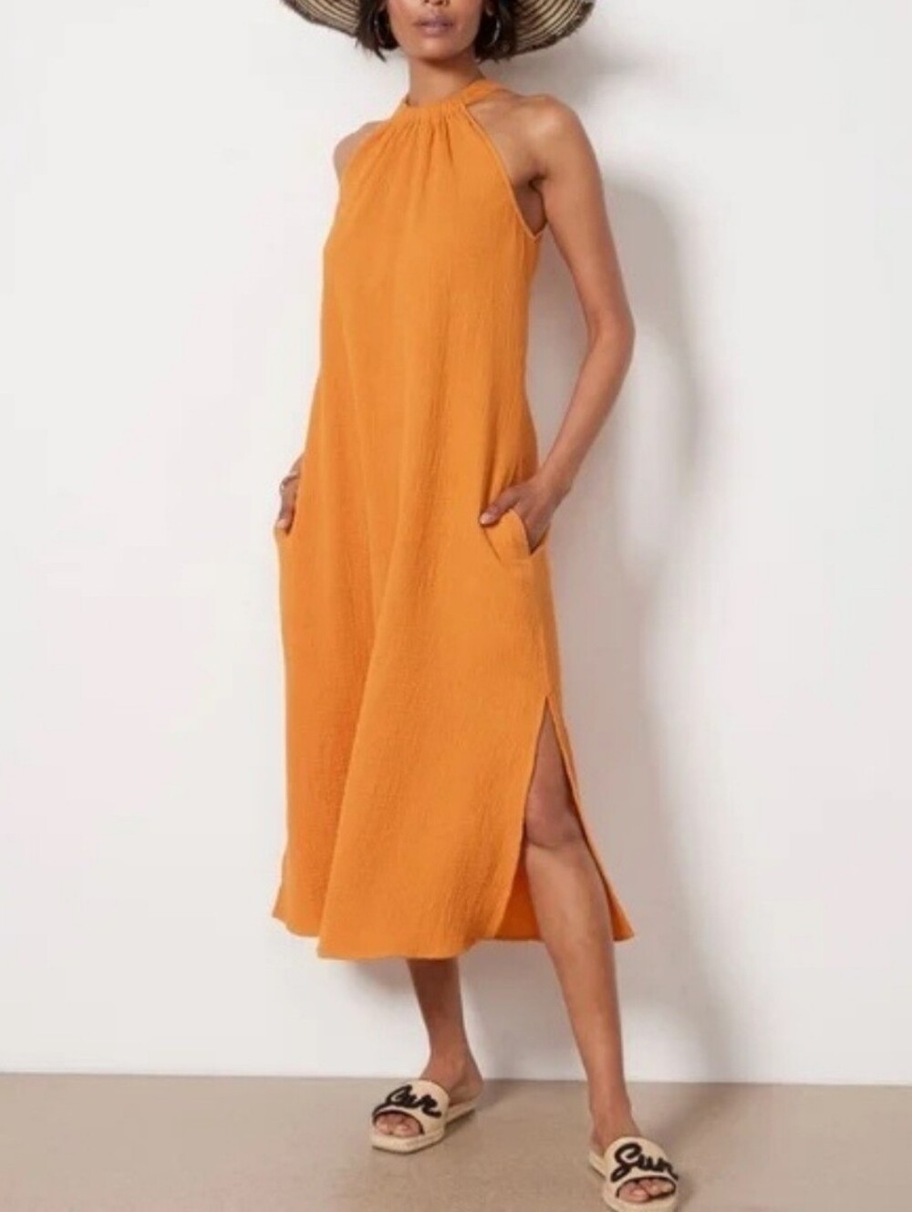 Evereve Asher Gauze Midi Dress in a vibrant orange hue with a halter neckline